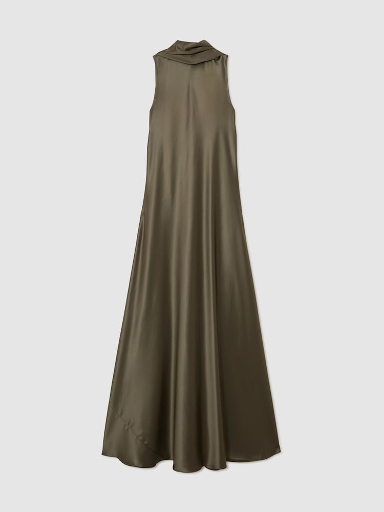 Reiss Khaki Green Fae Satin Cape Maxi Dress - Image 2 of 7