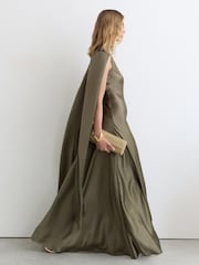 Reiss Khaki Green Fae Satin Cape Maxi Dress - Image 4 of 7
