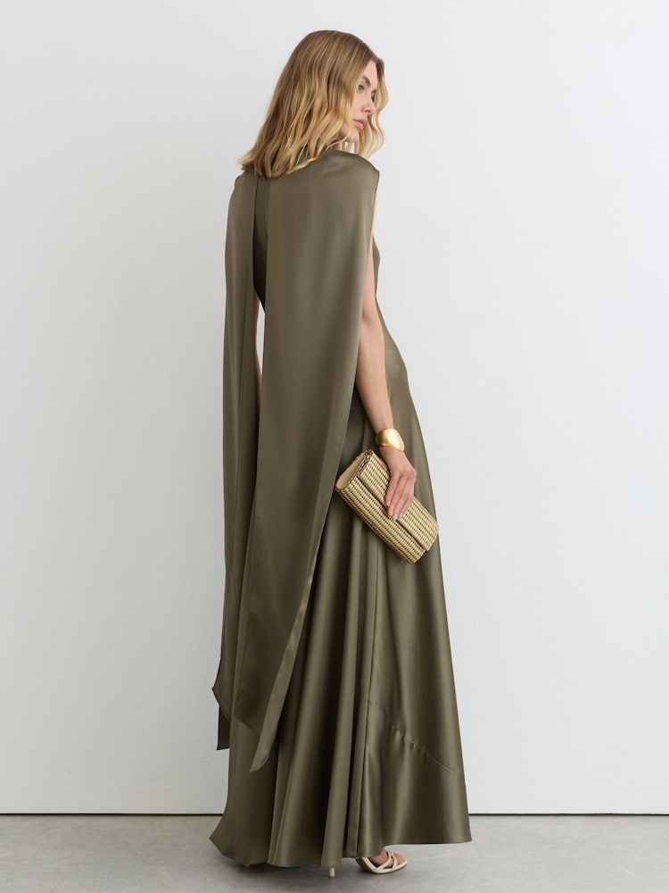 Reiss Khaki Green Fae Satin Cape Maxi Dress - Image 7 of 7