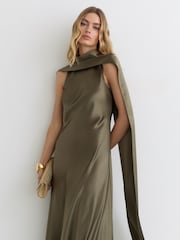 Reiss Khaki Green Fae Satin Cape Maxi Dress - Image 8 of 9