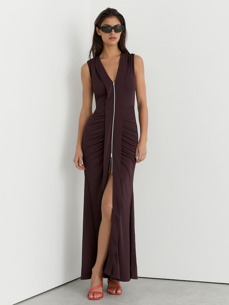 Reiss Grape Burgundy Scarlett Crepe-Jersey Zip-Detail Ruched Maxi Dress - Image 1 of 7 Reiss Grape Burgundy Scarlett Crepe-Jersey Zip-Detail Ruched Maxi Dress - Image 1 of 7
