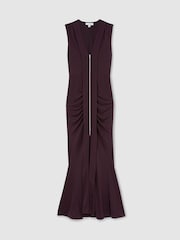 Reiss Grape Burgundy Scarlett Crepe-Jersey Zip-Detail Ruched Maxi Dress - Image 2 of 7