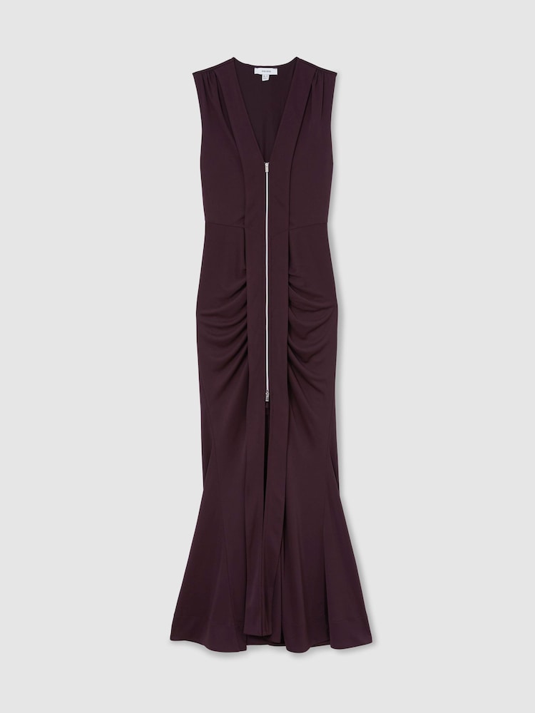 Reiss Grape Burgundy Scarlett Crepe-Jersey Zip-Detail Ruched Maxi Dress - Image 2 of 7 Reiss Grape Burgundy Scarlett Crepe-Jersey Zip-Detail Ruched Maxi Dress - Image 2 of 7
