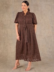 Live Unlimited Brown Puff Sleeve Button Though Belted Lace Dress - Image 1 of 7