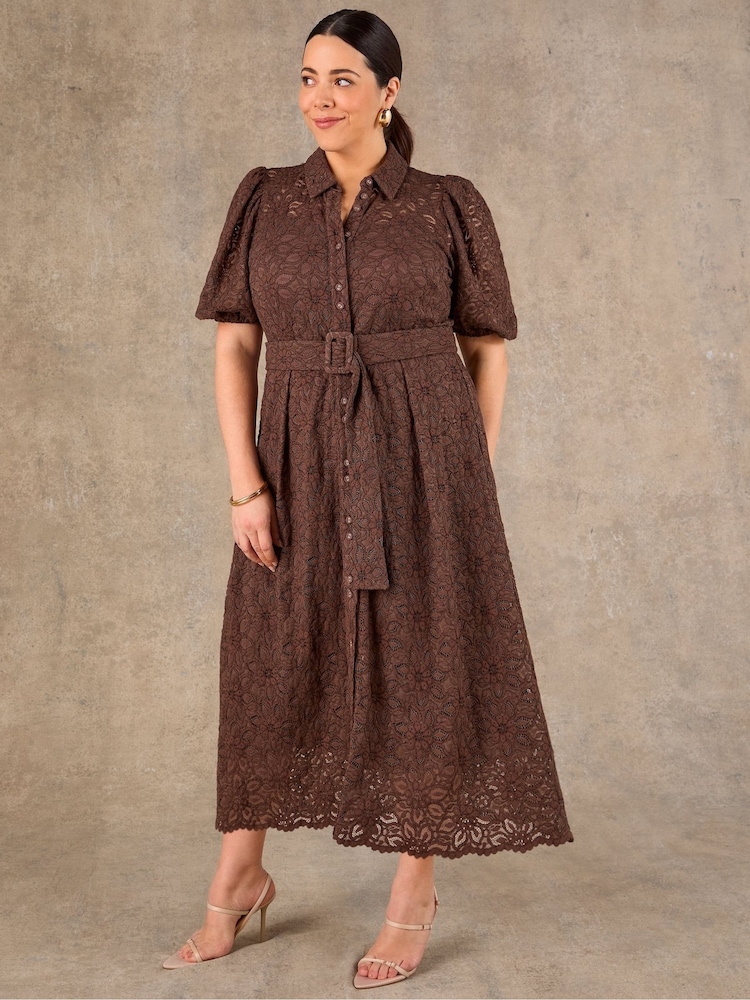 Live Unlimited Brown Puff Sleeve Button Though Belted Lace Dress - Image 1 of 7
