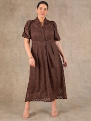 Live Unlimited Brown Puff Sleeve Button Though Belted Lace Dress - Image 2 of 7