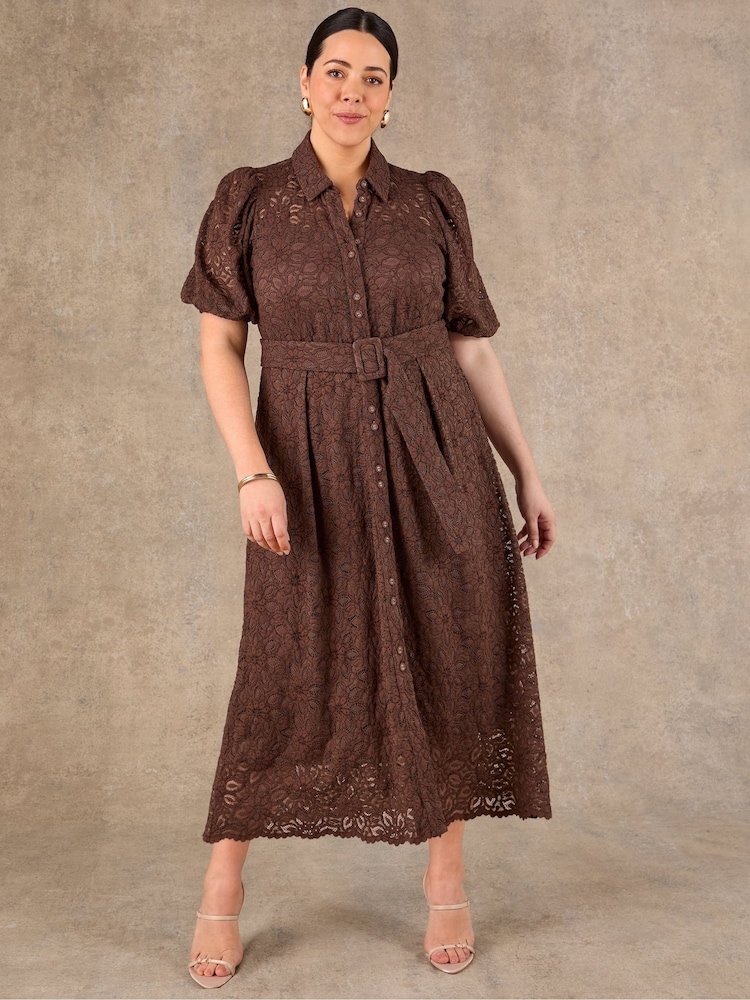 Live Unlimited Brown Puff Sleeve Button Though Belted Lace Dress - Image 2 of 7
