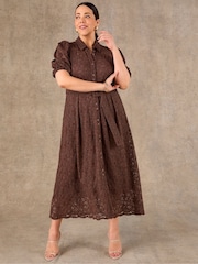 Live Unlimited Brown Puff Sleeve Button Though Belted Lace Dress - Image 3 of 7