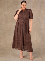 Live Unlimited Brown Puff Sleeve Button Though Belted Lace Dress - Image 4 of 7