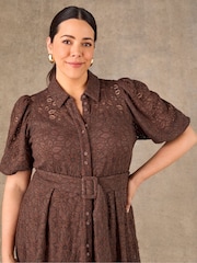 Live Unlimited Brown Puff Sleeve Button Though Belted Lace Dress - Image 5 of 7