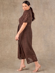 Live Unlimited Brown Puff Sleeve Button Though Belted Lace Dress - Image 6 of 7