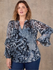Live Unlimited Blue Multi Abstract Print Frill Sleeve Blouse - Image 2 of 5