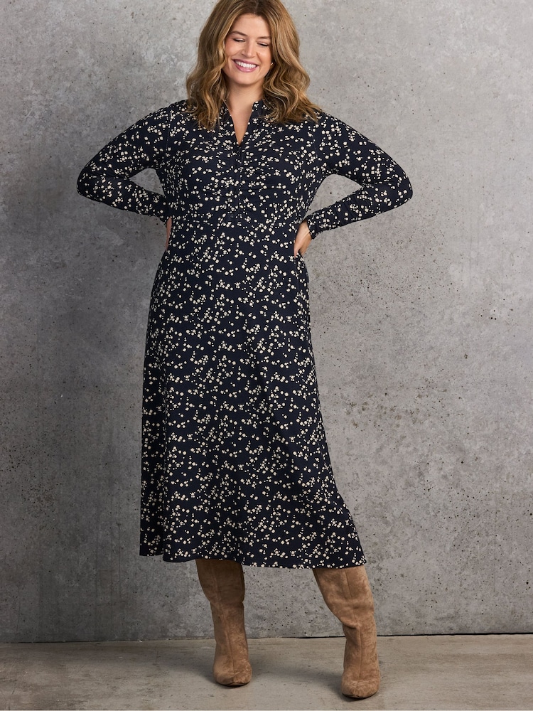 Live Unlimited Blue Petite Ditsy Print Gathered Shirt Dress - Image 2 of 6