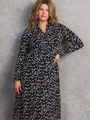 Live Unlimited Blue Petite Ditsy Print Gathered Shirt Dress - Image 4 of 6