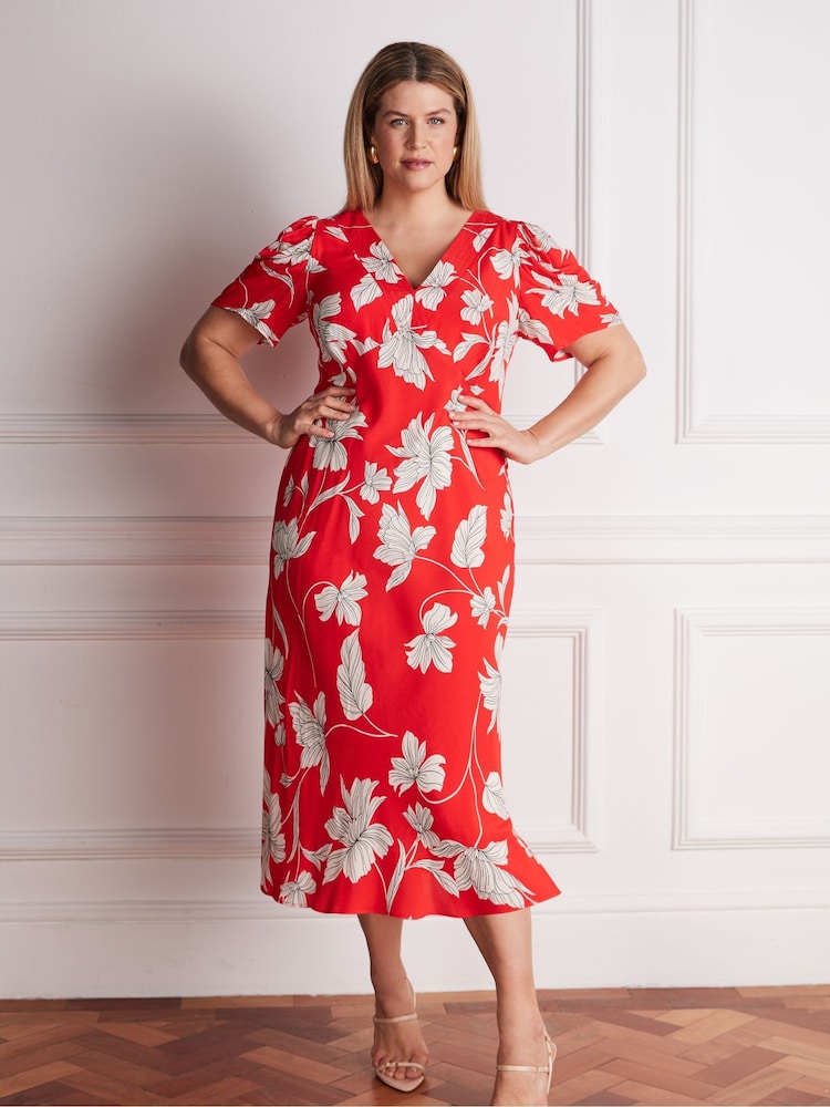 Live Unlimited Red Petite Floral V-Neck Puff Sleeve Midaxi Dress - Image 1 of 5
