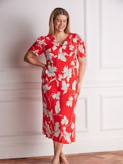 Live Unlimited Red Petite Floral V-Neck Puff Sleeve Midaxi Dress - Image 3 of 5
