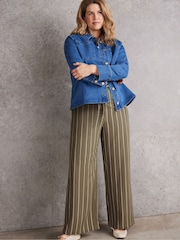 Live Unlimited Green Khaki Striped Wide Leg Drawstring Trousers - Image 1 of 4