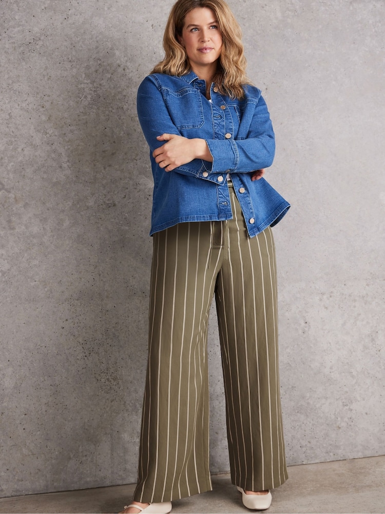 Live Unlimited Green Khaki Striped Wide Leg Drawstring Trousers - Image 1 of 4