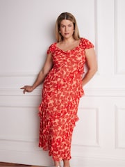 Live Unlimited Red Petite Red Floral Ruffle Sleeve Maxi Dress - Image 1 of 6