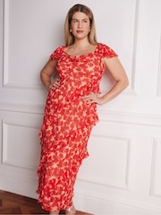 Live Unlimited Red Petite Red Floral Ruffle Sleeve Maxi Dress - Image 3 of 6