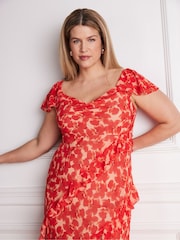 Live Unlimited Red Petite Red Floral Ruffle Sleeve Maxi Dress - Image 4 of 6
