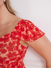 Live Unlimited Red Petite Red Floral Ruffle Sleeve Maxi Dress - Image 6 of 6