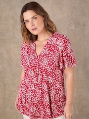 Live Unlimited Red Red Ditsy Print Flutter Sleeve Pleat Front Top - Image 1 of 4