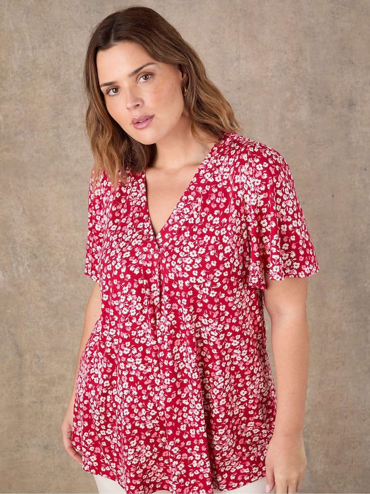Live Unlimited Red Red Ditsy Print Flutter Sleeve Pleat Front Top - Image 1 of 4 Live Unlimited Red Red Ditsy Print Flutter Sleeve Pleat Front Top - Image 1 of 4