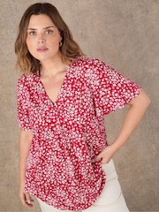 Live Unlimited Red Red Ditsy Print Flutter Sleeve Pleat Front Top - Image 2 of 4