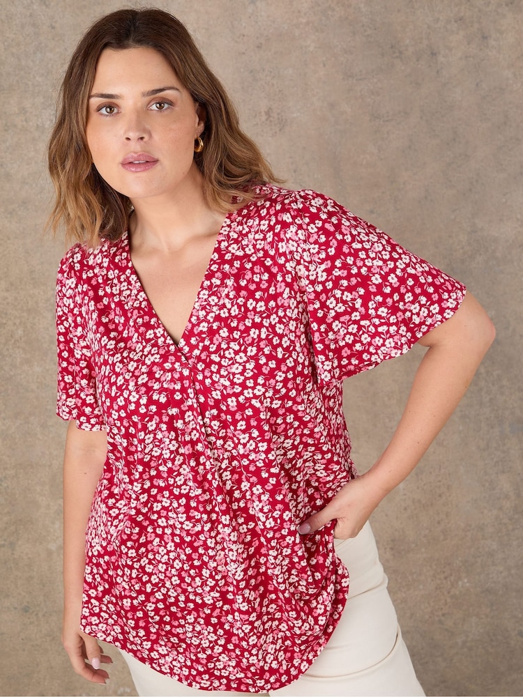 Live Unlimited Red Red Ditsy Print Flutter Sleeve Pleat Front Top - Image 2 of 4 Live Unlimited Red Red Ditsy Print Flutter Sleeve Pleat Front Top - Image 2 of 4