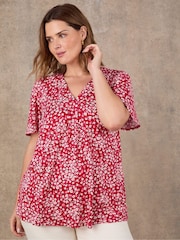 Live Unlimited Red Red Ditsy Print Flutter Sleeve Pleat Front Top - Image 3 of 4