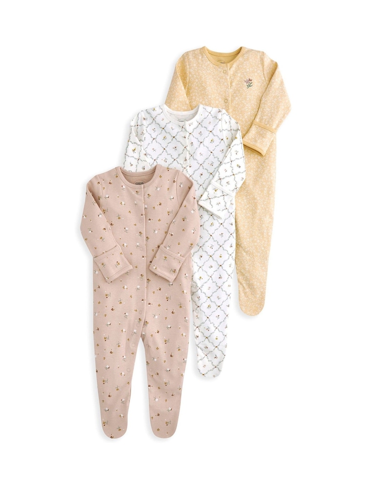Mamas & Papas Pink Heritage Floral Sleepsuits Pack of 3 - Image 2 of 2