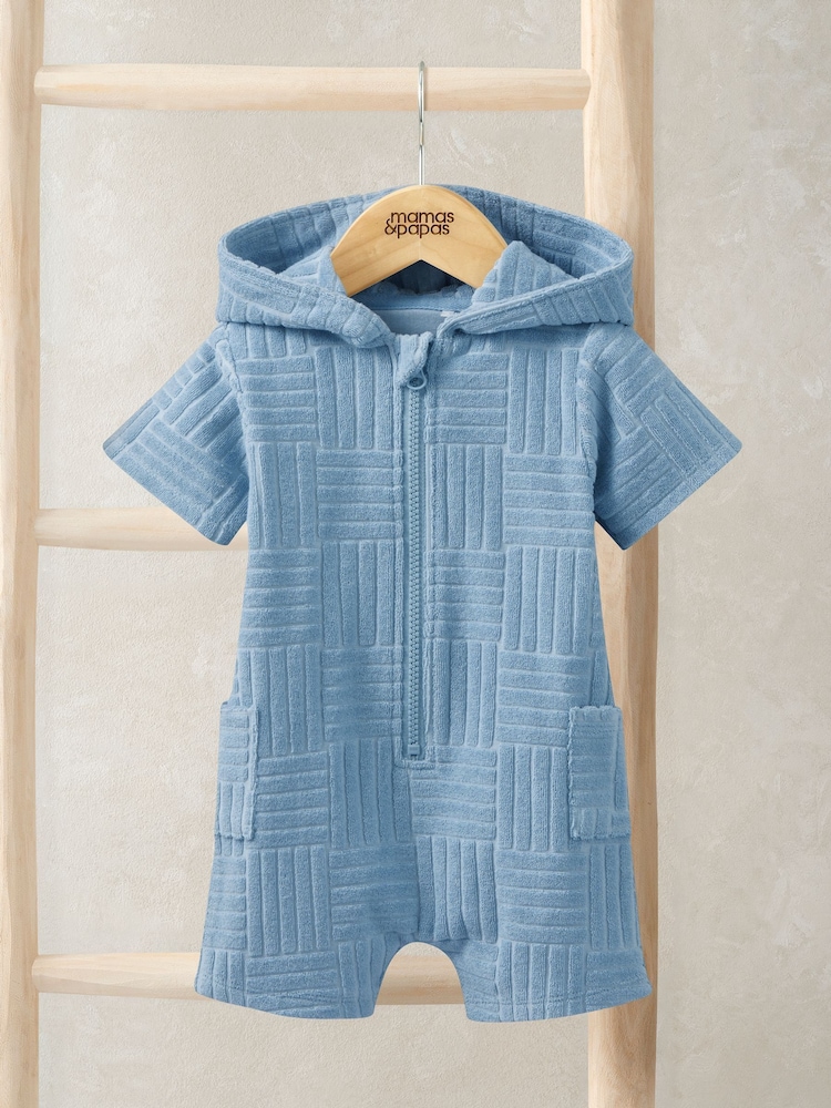 Mamas & Papas Blue Textured Towelling Zip Romper - Image 1 of 3 Mamas & Papas Blue Textured Towelling Zip Romper - Image 1 of 3