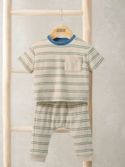 Mamas & Papas Brown Stripe Towelling T-Shirt & Joggers Set - Image 1 of 5