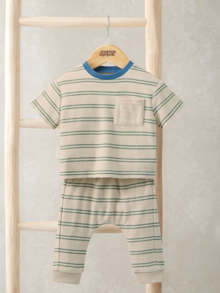 Mamas & Papas Brown Stripe Towelling T-Shirt & Joggers Set - Image 1 of 5