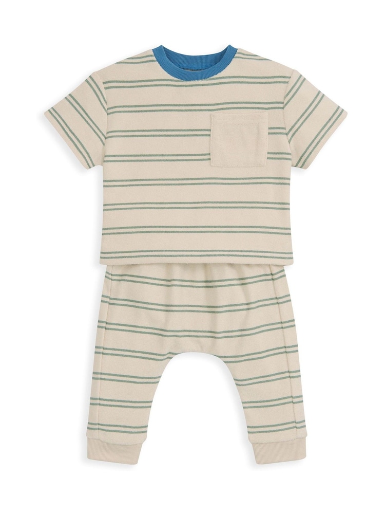 Mamas & Papas Brown Stripe Towelling T-Shirt & Joggers Set - Image 2 of 5