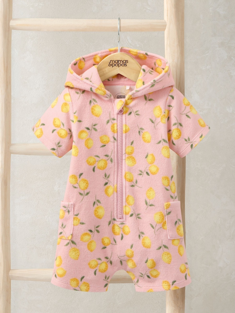 Mamas & Papas Pink Print Towelling Zip Romper - Image 1 of 3 Mamas & Papas Pink Print Towelling Zip Romper - Image 1 of 3