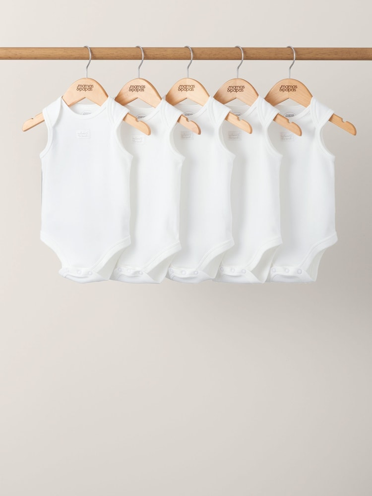 Mamas & Papas White Welcome to the World White Sleeveless Bodysuits Pack of 5 - Image 1 of 3