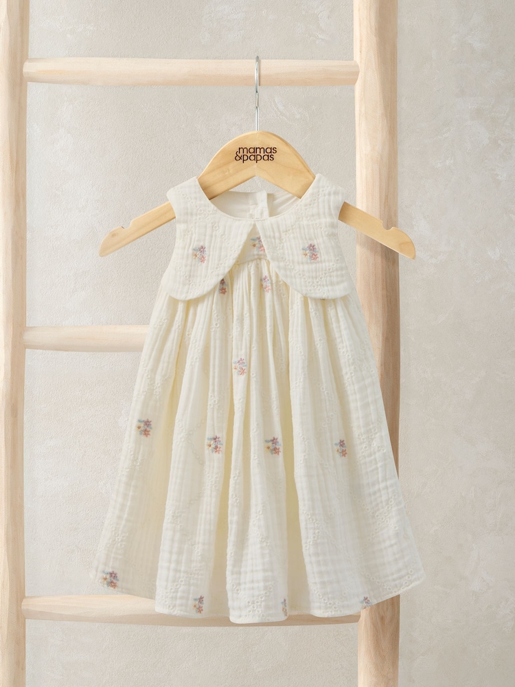 Mamas & Papas White Floral Embroidered Collar Dress - Image 1 of 3