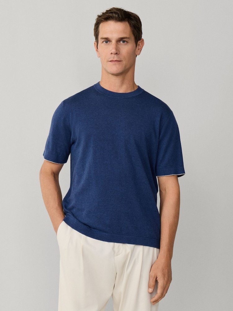 Hackett Blue Cotton-Linen Knitted Short Sleeve T-Shirt - Image 2 of 7