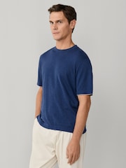 Hackett Blue Cotton-Linen Knitted Short Sleeve T-Shirt - Image 4 of 7