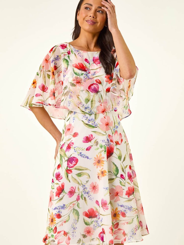 Roman White Petite Floral Print Cape Dress - Image 2 of 5