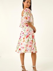 Roman White Petite Floral Print Cape Dress - Image 3 of 5