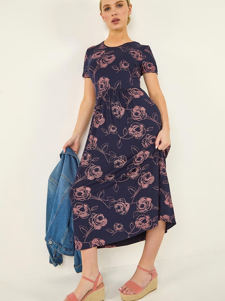 Roman Blue Petite Floral Gathered Dress - Image 1 of 5
