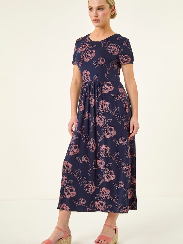 Roman Blue Petite Floral Gathered Dress - Image 2 of 5