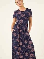 Roman Blue Petite Floral Gathered Dress - Image 4 of 5