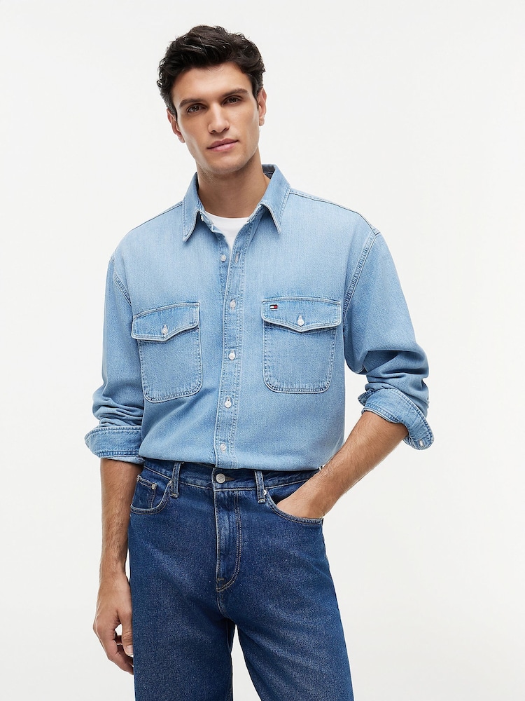Tommy Hilfiger Blue Relaxed Fit Faded Denim Shirt - Image 1 of 5 Tommy Hilfiger Blue Relaxed Fit Faded Denim Shirt - Image 1 of 5