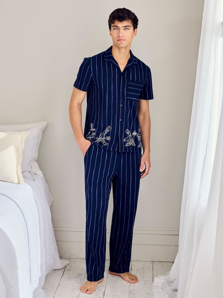 Chelsea Peers Blue Cotton Chef Stripe Button Up Long Pyjamas Set - Image 1 of 6