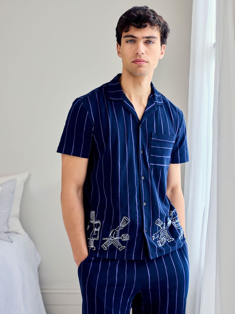 Chelsea Peers Blue Cotton Chef Stripe Button Up Long Pyjamas Set - Image 2 of 6