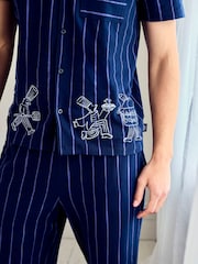 Chelsea Peers Blue Cotton Chef Stripe Button Up Long Pyjamas Set - Image 4 of 6